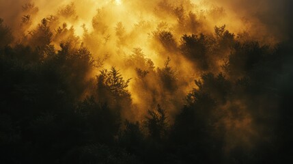Naklejka premium Golden Sunlight Penetrating Through Dense Forest Tree Foliage