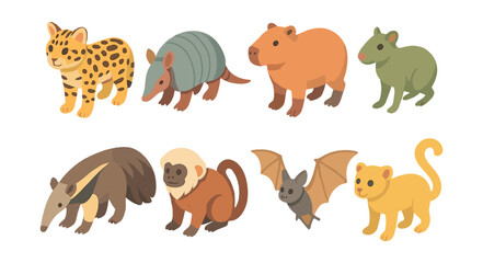 Fototapeta premium South american wildlife icons set – jaguar, armadillo, capybara, agouti, anteater, saki, bat, kinkajou