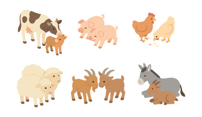Fototapeta premium Farm animals icon set – cow, pig, chicken, sheep, goat, donkey