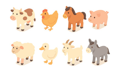 Farm animal icons set – cow, chicken, horse, pig, sheep, duck, goat, donkey