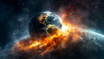 Global With Fire War, Earth Burning Galaxy, Space Background, Copy Space...,