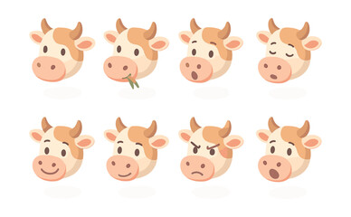 Cartoon cow emoji icons set &ndash; happy, angry, surprised, sad, chewing, smiling, blushing, sleepy