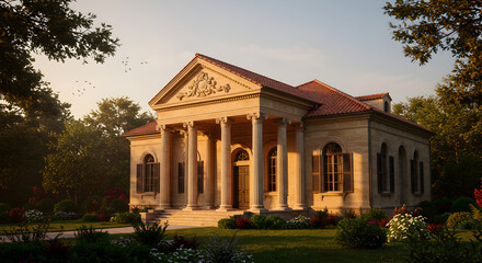Classical Palladian Architecture With Garden At Dusk Offers Timeless Elegance
