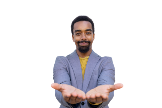 Professional businessman gesturing openly, presenting blank palms on transparent surface