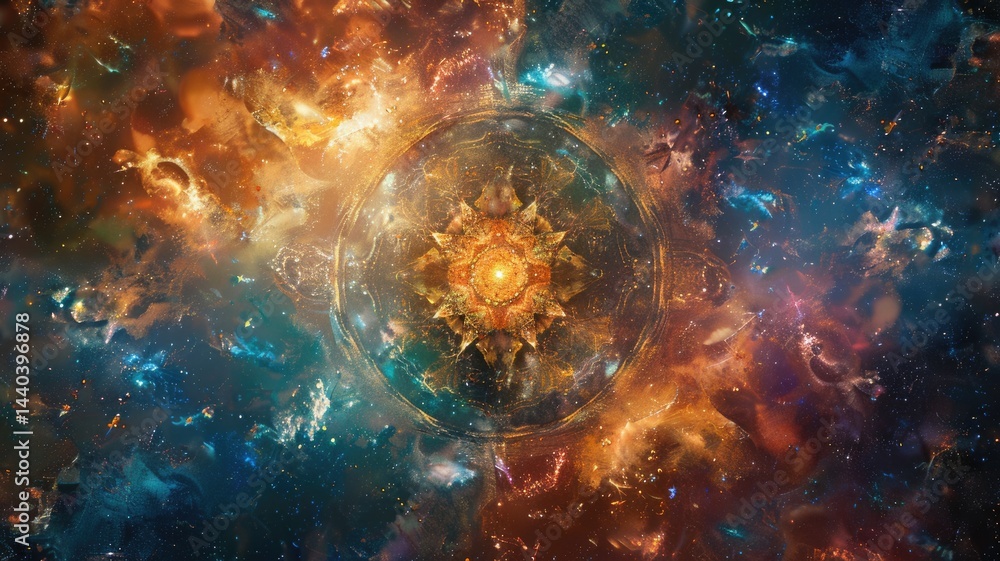 Poster abstract cosmic scene with swirling colors and celestial elements. digital artwork of planet and clo