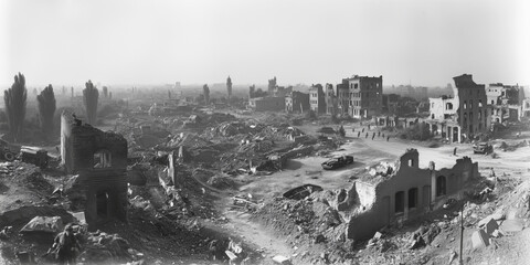 Black and white photograph captures ruins left by forces after withdrawal during World War. Collapsed buildings with scattered debris show devastation. Documentary chronicle shoots of human stupidity