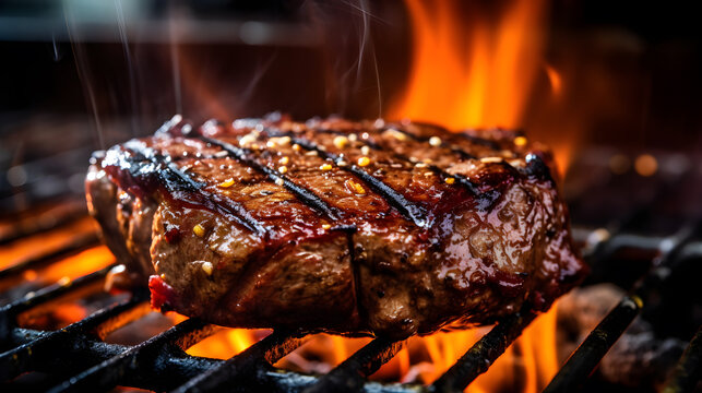 A juicy steak sizzling on a grill with flames in the background.
