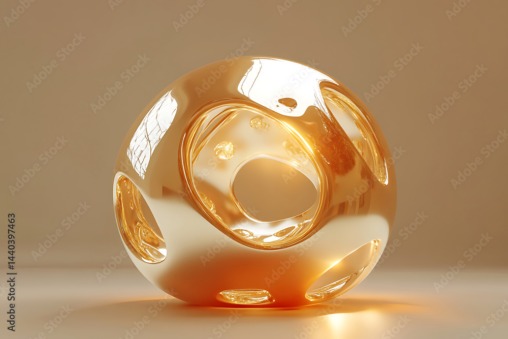 Poster abstract 3d golden sphere with cutout circular pattern artistic metallic design on beige background 
