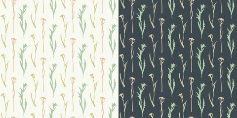 Herbal silhouette seamless pattern set of 2. Wild nature, meadow fields grass, eco friendly backdrop. Pastel colour palette. White, black vintage background. Vector illustration