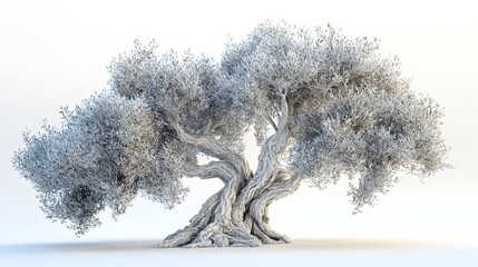 A majestic, ancient olive tree rendered in a wireframe style against a stark white background. Its gnarled, intertwined branches and lush foliage showcase age and resilience.
