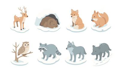 Obraz premium Winter forest animals icons set – deer, bear, fox, squirrel, owl, raccoon, wolf, boar