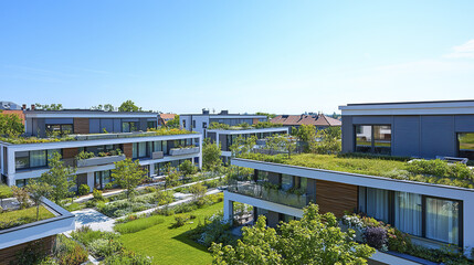 Contemporary eco homes with flat roofs and green spaces create serene environment