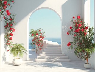 Fototapeta premium Serene Architectural Vista: A sun-drenched architectural scene, featuring an arched doorway framing a clear seascape, adorned with flourishing roses and lush greenery.