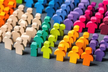 Colorful wooden figures arranged in a gradient, representing diversity and inclusion