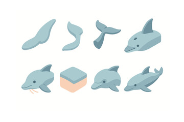 Dolphin shape icons set &ndash; fin, flipper, tail, head, ocean, sea, marine life