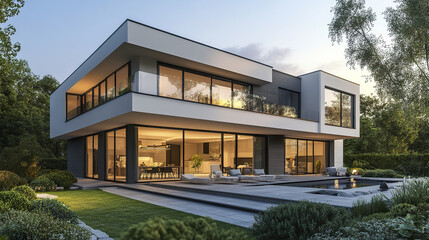 Fototapeta premium Modern house with clean design and large windows, surrounded by greenery and serene atmosphere