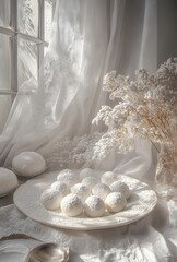 Delicate White Sweets on Elegant Plate with Soft Drapery and Dried Flowers in Gentle Natural Light for Romantic and Cozy Ambiance