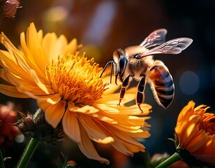 Una abeja aterrizando en una flor.