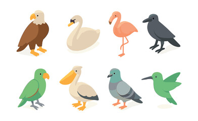 Fototapeta premium Bird icons set – eagle, swan, flamingo, crow, parrot, pelican, pigeon, hummingbird