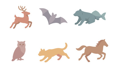 Wildlife animal icons set – deer, bat, bear, owl, cat, horse