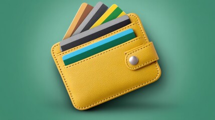 Yellow wallet with multiple credit cards on green background