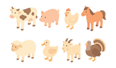 Obraz premium Farm animals icons set – cow, pig, chicken, horse, sheep, duck, goat, turkey
