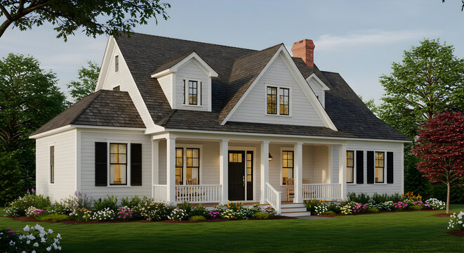 Inviting New England Style Home With Porch And Manicured Lawn