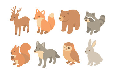 Woodland animal icons set – deer, fox, bear, raccoon, squirrel, wolf, owl, rabbit