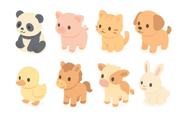 Adorable baby animal icons set – panda, pig, cat, dog, duck, horse, cow, rabbit