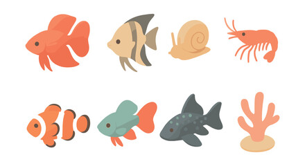 Aquatic life icons set – goldfish, angelfish, snail, shrimp, clownfish, coral