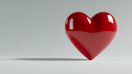 A glossy, red 3D heart sits on a minimalist white background.  The heart casts a subtle shadow, emphasizing its shape and shine.  Perfect for Valentine's Day or love-themed designs.