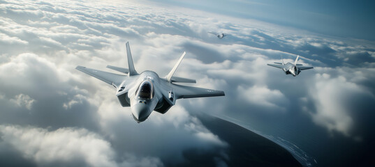 Top view of modern fighting stealth multirole combat aircraft flying above clouds over deserted dry mountains and desert below Military technology and defense industry concept