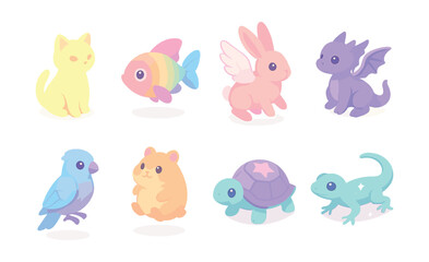 Cute fantasy animal icons set – cat, fish, rabbit, dragon, bird, hamster, turtle, lizard