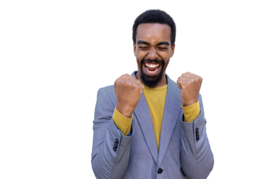 Euphoric businessman clenching fists, expressing excitement and joy over achievement with transparent background