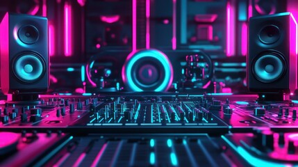 Fototapeta premium Colorful DJ Setup with Speakers and Neon Lights