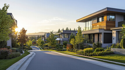 Contemporary residences with cantilevered structures in serene neighborhood at sunset