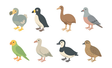 Fototapeta premium Extinct and endangered birds icons set – dodo, penguin, kiwi, pigeon, parrot, goose, quail