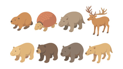 Fototapeta premium Woodland and forest animals icons set – beaver, armadillo, moose, bear, capybara