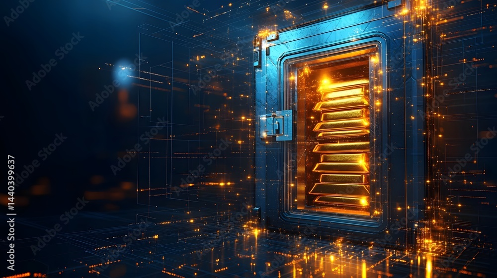 Aufkleber A vault door guards stacks of radiant gold bars within a digital network of glowing lines and dots. Implies secure digital asset storage. Abstract wireframe in dark blue