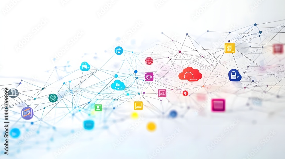 Poster network of social icons interconnected in an abstract design representing digital communication in m