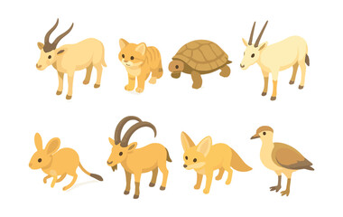 Desert animal icons set – antelope, fennec, tortoise, jerboa, oryx, ibex, sand cat, bird