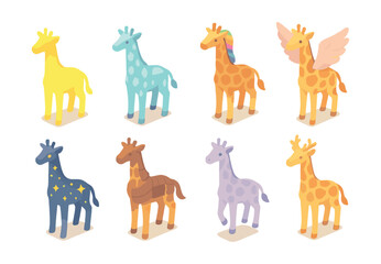 Obraz premium Whimsical giraffe icons set – colorful, fantasy, magical, unique, playful, cartoon, digital, animal