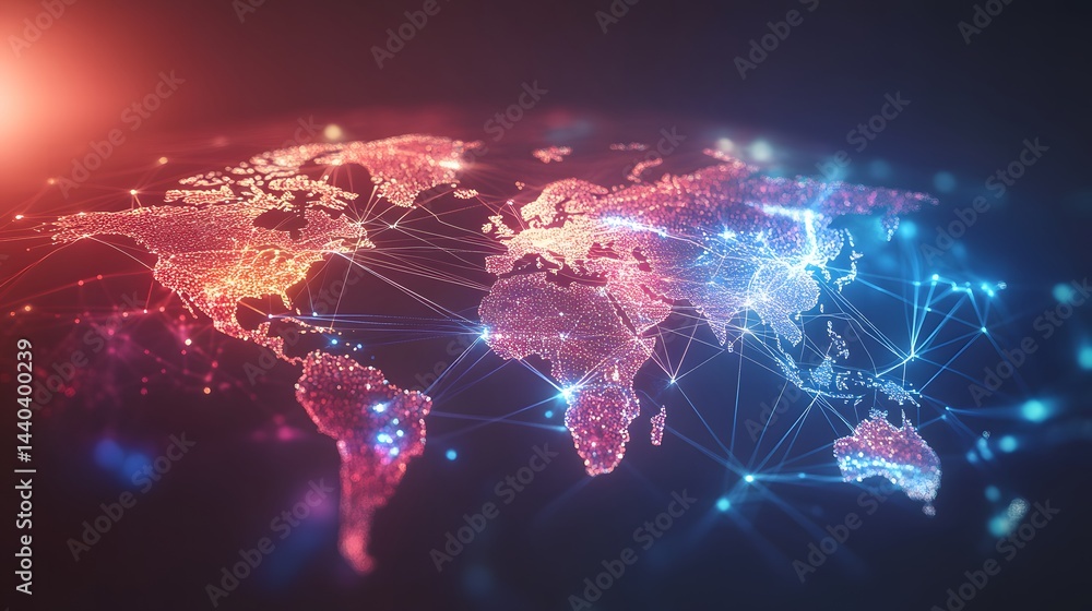 Poster world map with red and blue background illustrating global cloud connectivity and digital networks a