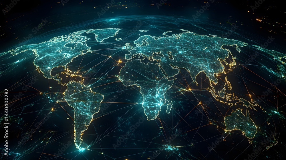 Poster world map against a dark background capturing global cloud connectivity and the essence of digital i