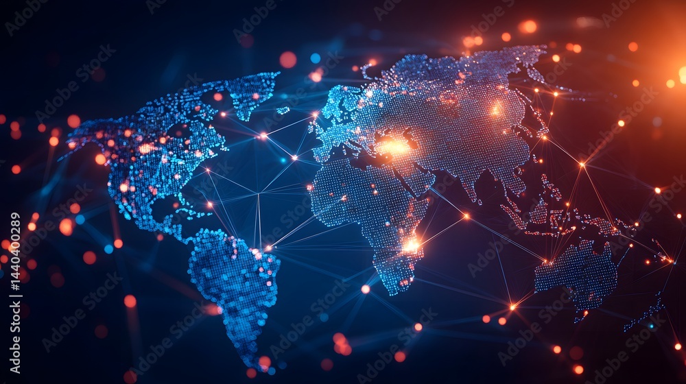 Poster world map demonstrating global cloud connectivity and modern technological integration in an artisti