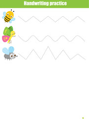 Handwriting practice sheet with cartoon insects. Educational children game. Tracing lines. Basic writing worksheet for kids