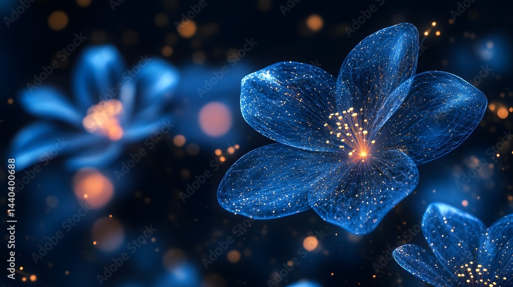Poster glowing blue flowers with intricate web-like structures and warm golden centers create an ethereal a