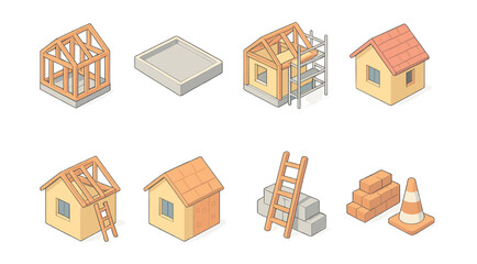 Construction process icons set &ndash; frame, foundation, scaffold, roof, ladder, bricks, cone