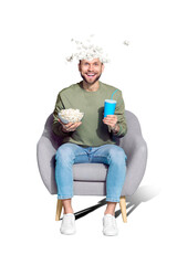 Magazine picture sketch collage image of funky excited guy watching movie enjoying snacks isolated blue color background