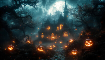 Old haunted mansion with Gothic style surrounded by twisted trees and carved pumpkins glowing in misty night creating spooky mysterious Halloween atmosphere